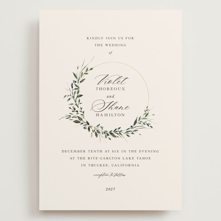 "Green Wreath" - Wedding Invitations in Champagne by Lori Wemple - Front