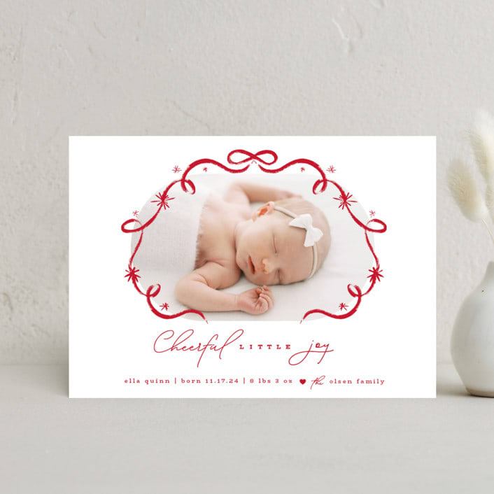 "Ribbons And Joy" - Holiday Birth Announcement Cards in Berry by fatfatin - Front