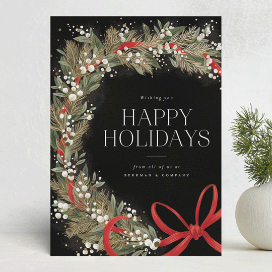 "Festive Side Ribbon Wreath" - Holiday Cards in Coal by Jackie Crawford - Front