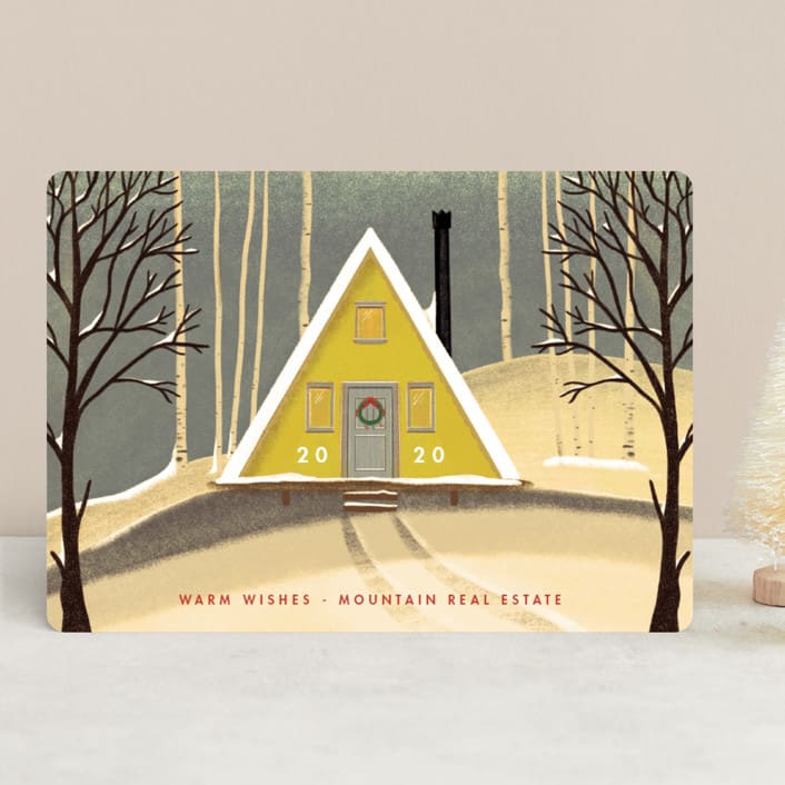 "Snowy A-Frame" - Holiday Cards in Chartreuse by Becky Nimoy - Front