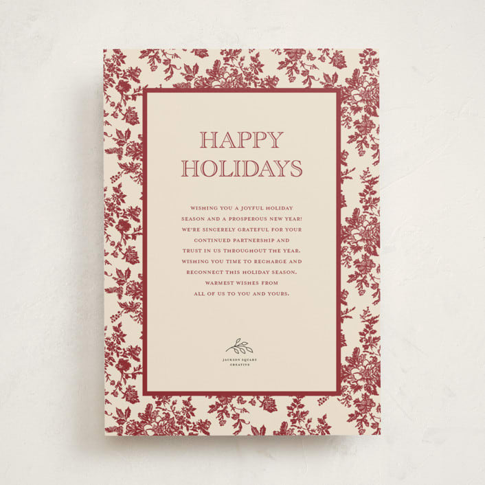 "Holiday Toile" - Holiday Cards in Cranberry by Jenna Holcomb - Front