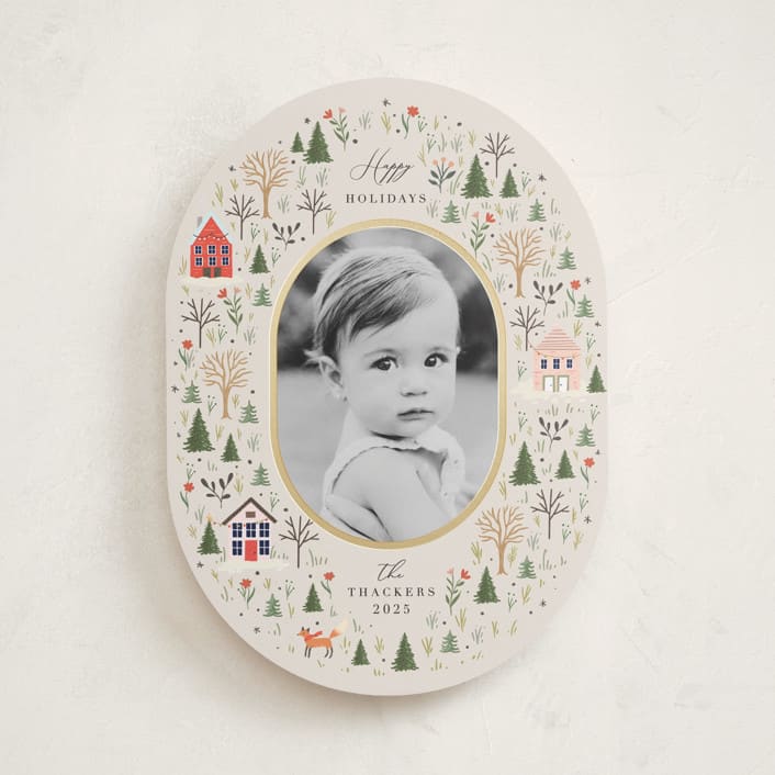 "Winter Village Oval" - Holiday Cards in Taffy by Hannah Williams - Front
