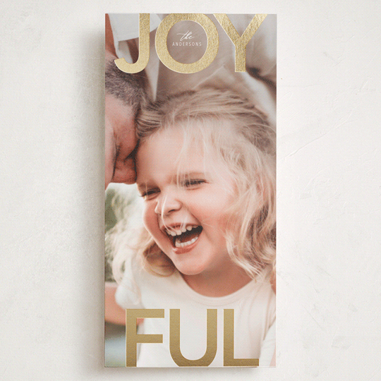 "Joyful" - Foil-Pressed Tall Holiday Cards in Snow by Stacy Maalouf - Front