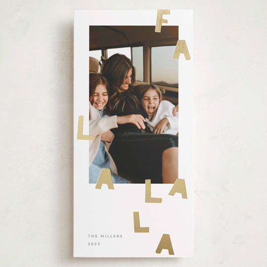 "Fa la la la" - Foil-Pressed Tall Holiday Cards in Snow by Sumak Studio - Front