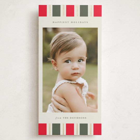"Candy Cane Border" - Foil-Pressed Tall Holiday Cards in Candy Cane by Jackie Crawford - Front