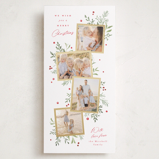 "Botanically" - Foil-Pressed Tall Holiday Cards in Holly Berry by Everett Paper Goods - Front