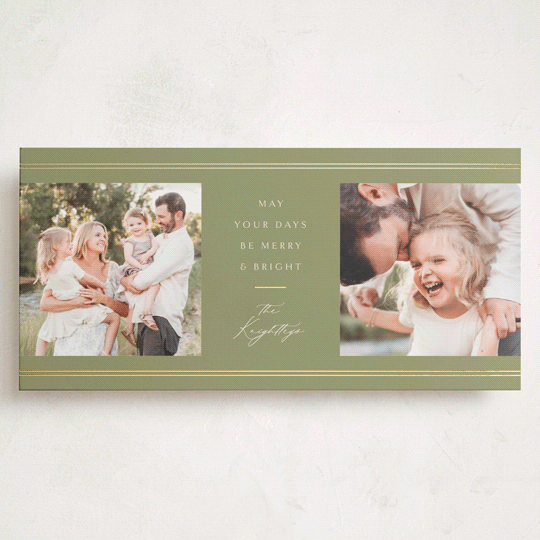 "Double Bands" - Foil-Pressed Tall Holiday Cards in Sage by Melanie Kosuge - Front