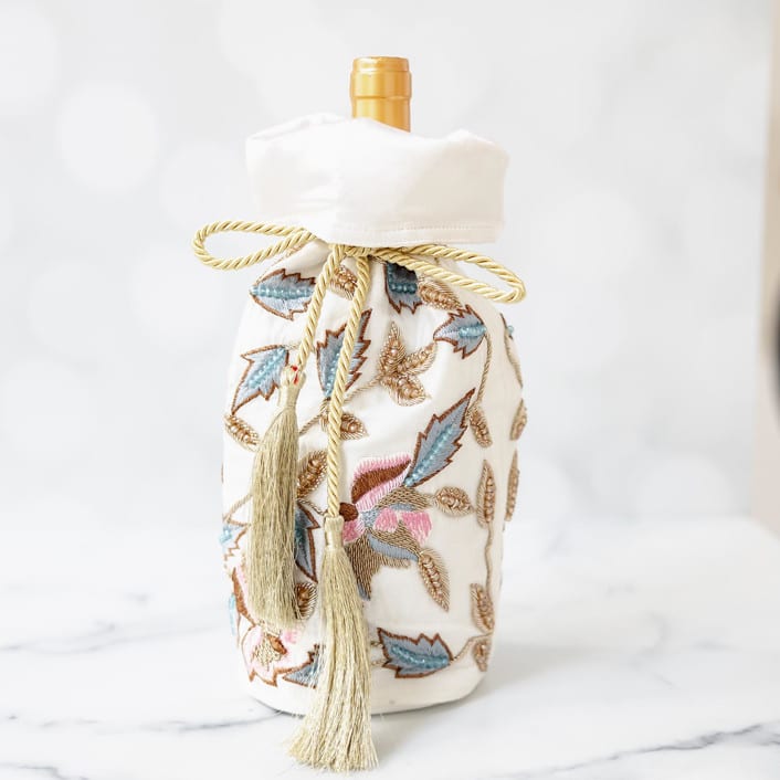 "White Pink Blue Celebration gift wine bottle bag" - Holiday Gift Bags in multicolor by Courtney Bedi