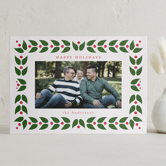 "Folk Leaves and Berries" - Letterpress Holiday Cards in Evergreen by Jennifer Holbrook - Front