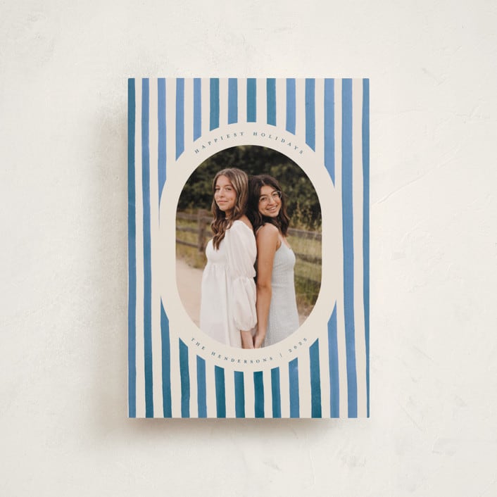 "Vintage Stripes" - Holiday Cards in Blue Jay by Teju Reval - Front