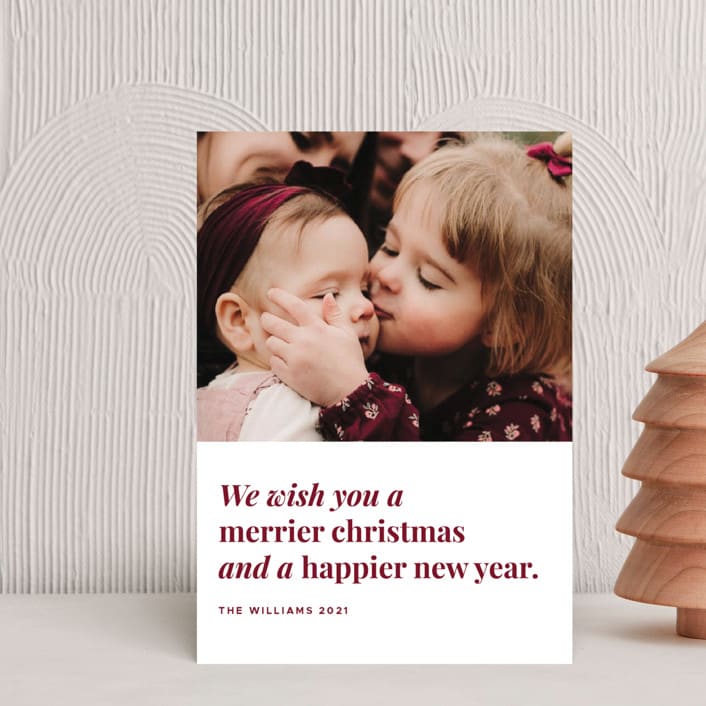 "Merrier Days Ahead" - Holiday Cards in Cherry by Playground Prints - Front