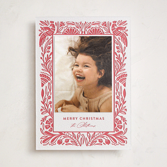 "Folk Art" - Letterpress Holiday Photo Mount Cards in Scarlet by Mansi Verma - Front