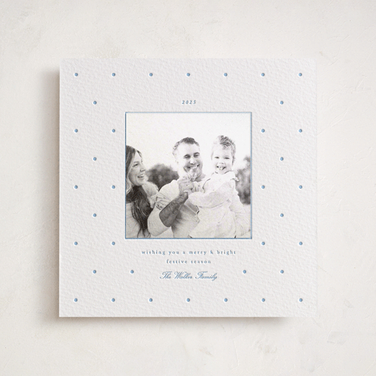 "Swiss Dot" - Letterpress Holiday Photo Mount Cards in Sky Blue by Blustery August - Front