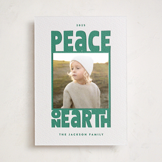 "Peace On Earth" - Letterpress Holiday Photo Mount Cards in Cucumber by Leah Bisch - Front