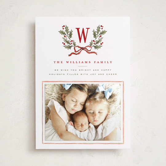 "Holly Monogram" - Holiday Photo Mount Cards in Holly Berry by Wildfield Paper Co - Front