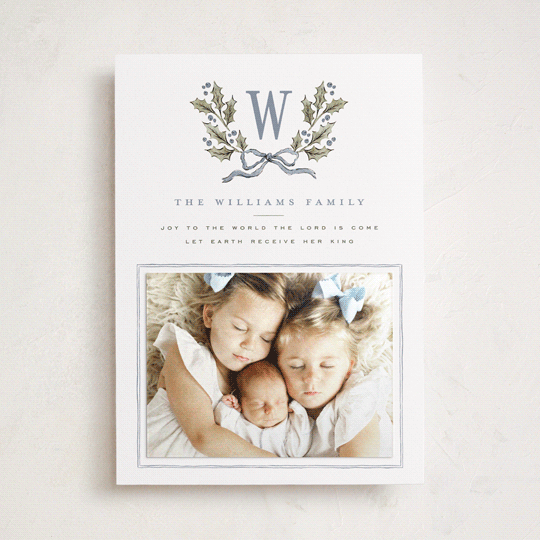 "Holly Monogram" - Holiday Photo Mount Cards in Blue Spruce by Wildfield Paper Co - Front