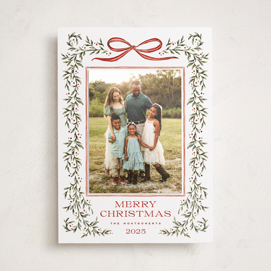 "Laurel Wreath" - Holiday Photo Mount Cards in Holly Berry by Wildfield Paper Co - Front