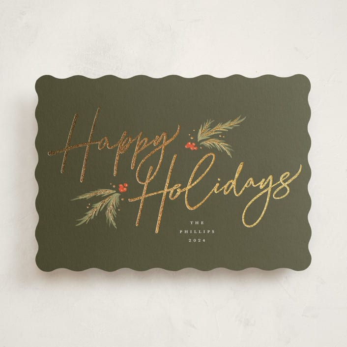 "Holiday Script" - Holiday Cards in Pine by Robert and Stella - Front