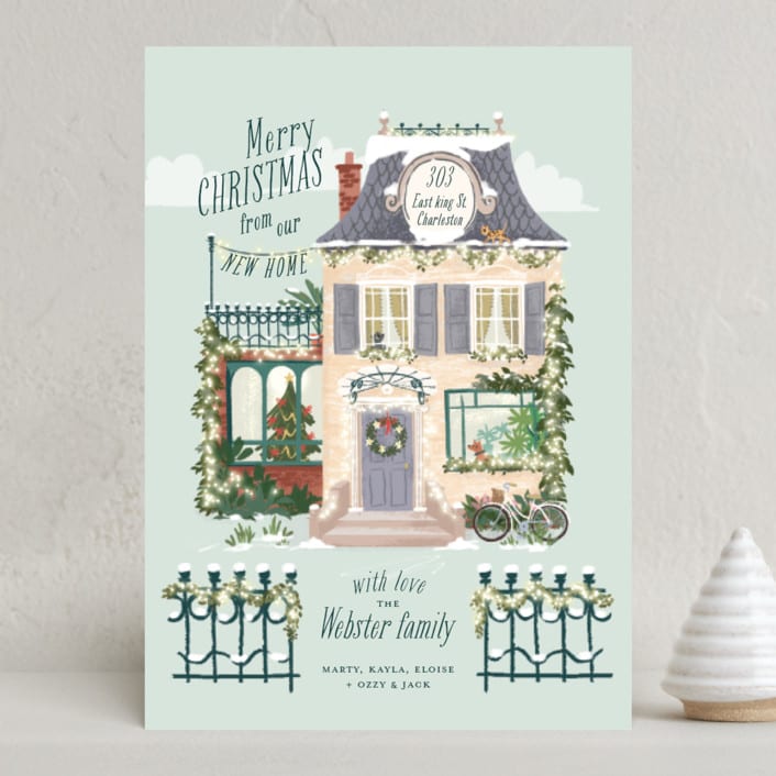 "Little Festive House" - Holiday Cards in Mint by Leia Matt - Front