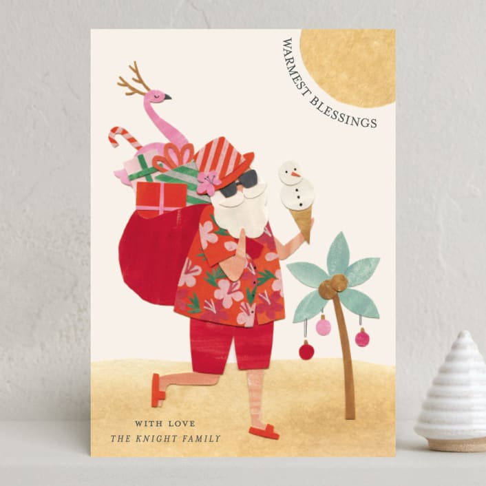 "Beach Santa" - Holiday Cards in Hibiscus by Sarah Knight - Front