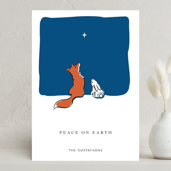 "Peace on Earth fox and rabbit" - Holiday Cards in Twilight by Diane Pearse - Front