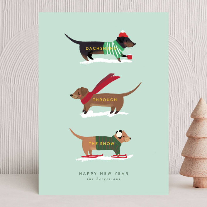 "Dachshund Through the Snows" - Holiday Cards in Mint by Itsy Belle Studio - Front