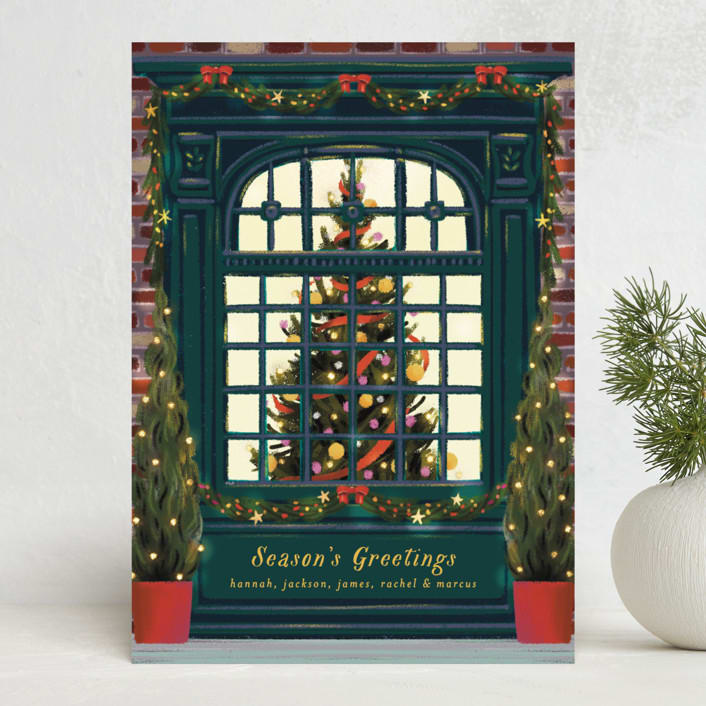 "Christmas Window" - Holiday Cards in Dark Turquoise by Becky Nimoy - Front