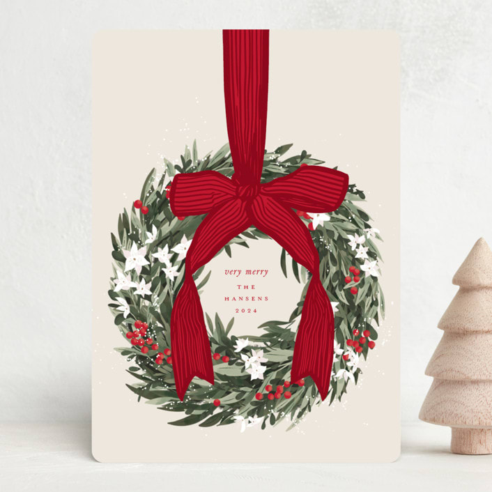 "Big Bow" - Holiday Cards in Holly Berry by Leah Bisch - Front