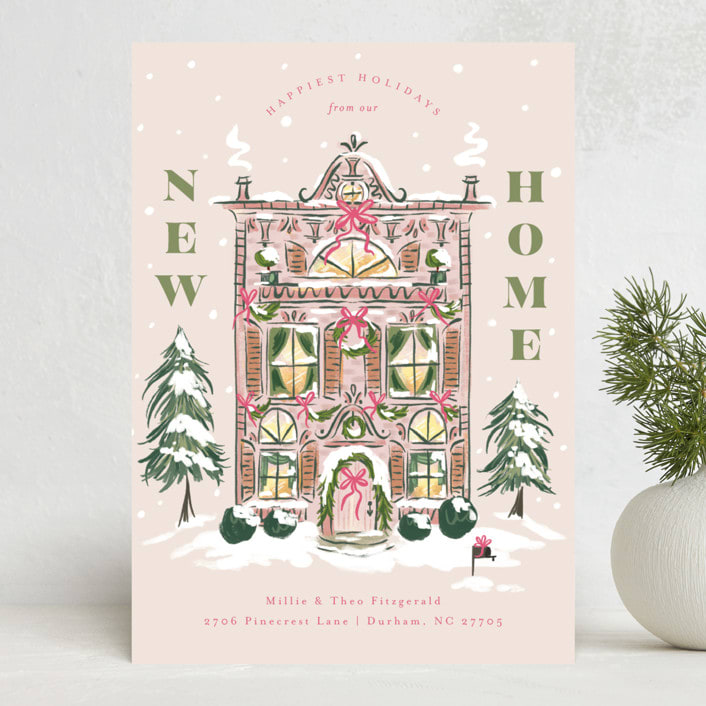 "New Home Holiday House" - Holiday Cards in Flamingo by Jackie Crawford - Front