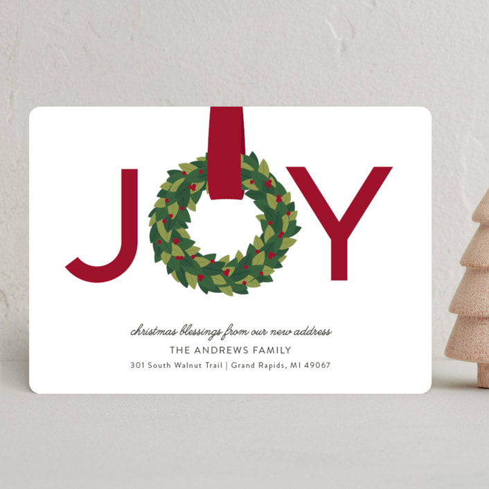 "Joy Wreath" - Holiday Cards in Cranberry by Sarah Brown - Front
