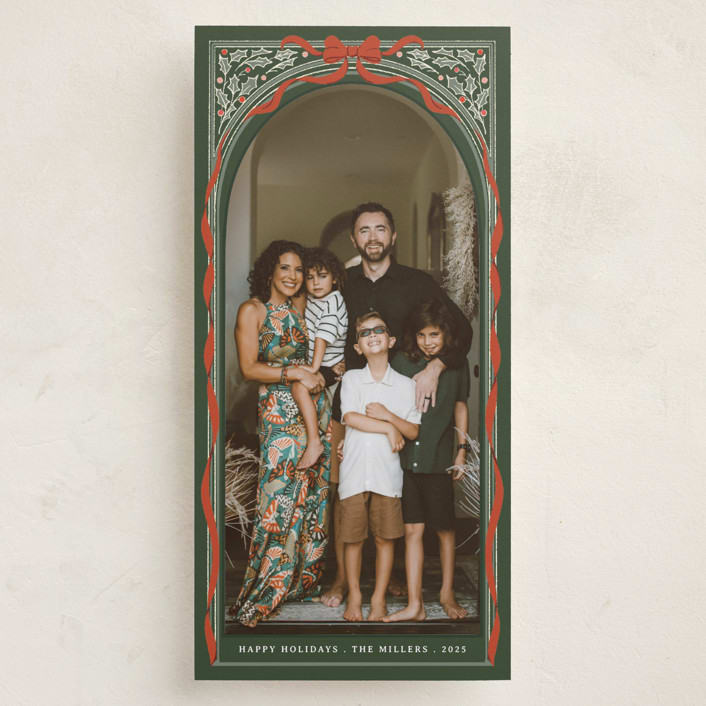 "Holly Ribbon Archway" - Tall Holiday Cards in Forest by Becky Nimoy - Front