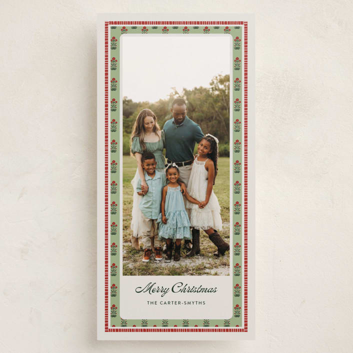 "Blockprint" - Tall Holiday Cards in Sage by Lottie Aldarwish - Front