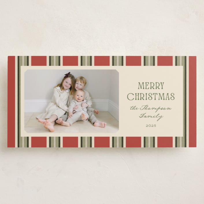 "Antique Stripes" - Tall Holiday Cards in Berry by Robert and Stella - Front
