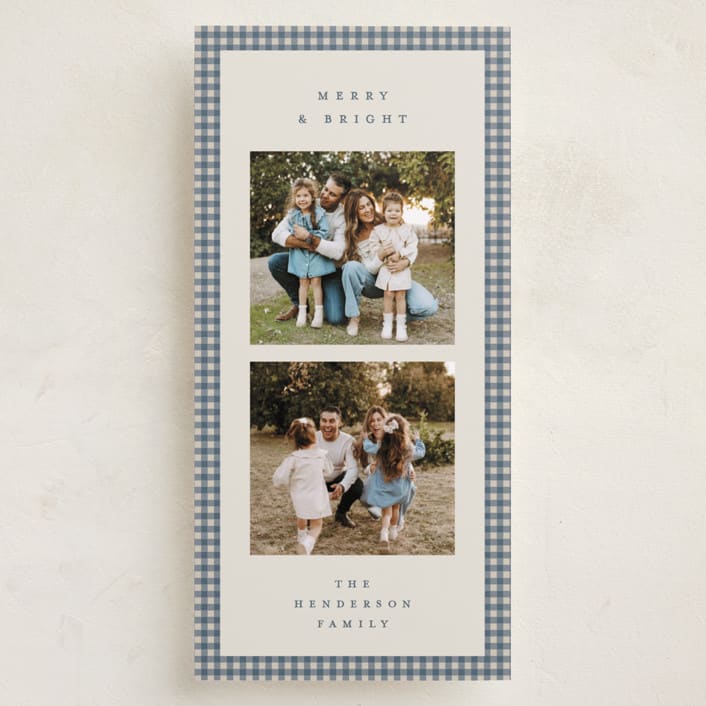 "Gingham Border" - Tall Holiday Cards in Blue Spruce by Kelly Watkins - Front