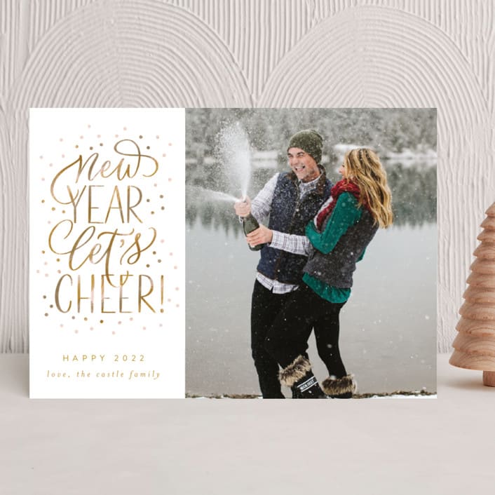 "New Year Let's Cheer!" - Holiday Cards in Champagne by Erin German - Front