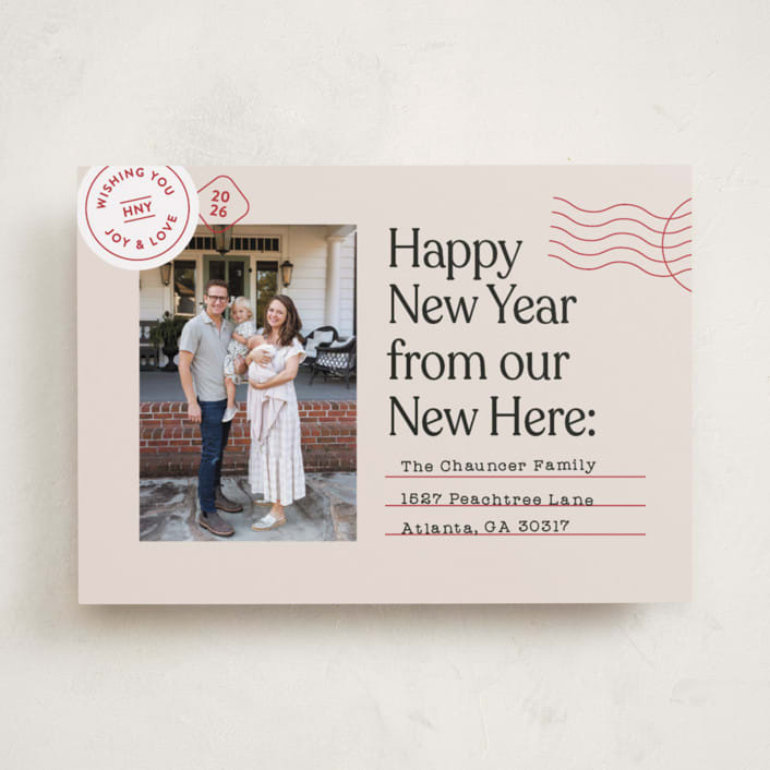 "New Here" - Holiday Cards in Cranberry by Shari Margolin - Front