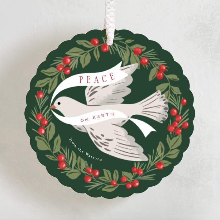 "Dove Wreath" - Holiday Ornament Cards in Evergreen by Everett Paper Goods - Front