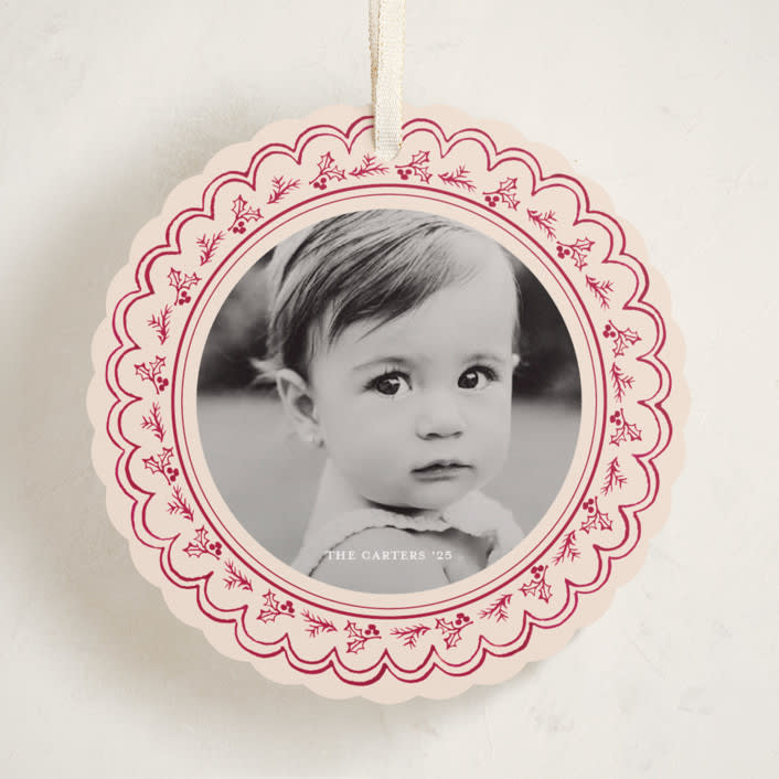 "Scalloped Holly" - Holiday Ornament Cards in Cranberry by Teju Reval - Front