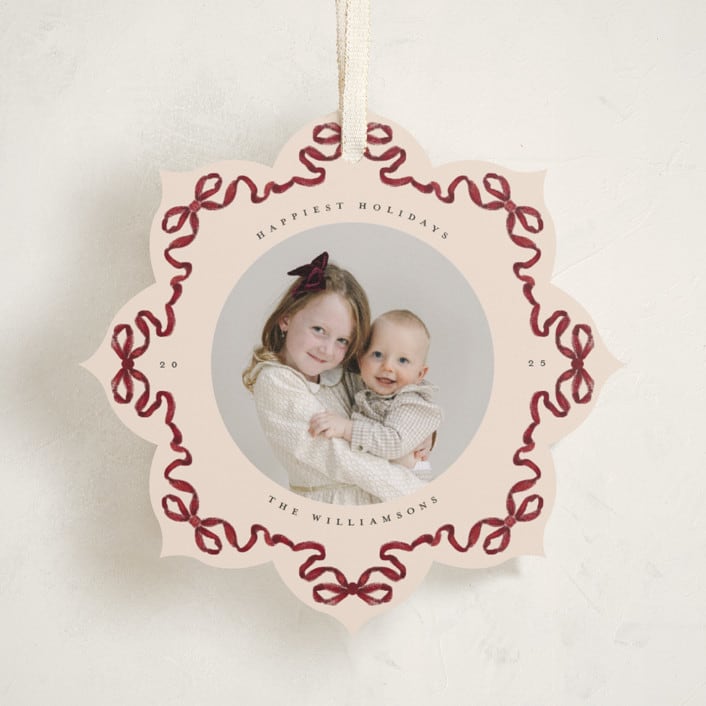 "Bow Ornament" - Holiday Ornament Cards in Cranberry by Jenna Holcomb - Front