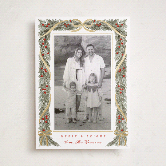 "Garland Frame" - Foil-Pressed Holiday Photo Mount Cards in Holly Berry by Leah Bisch - Front
