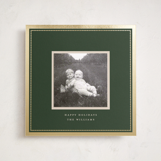 "Christmas Keepsake" - Foil-Pressed Holiday Photo Mount Cards in Pine by Robert and Stella - Front