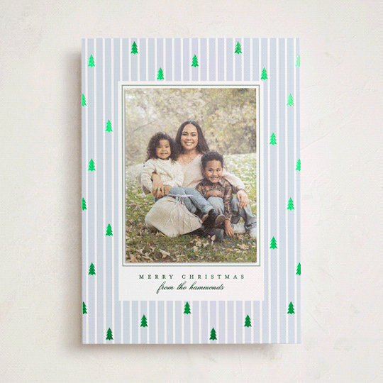 "Stripe Trees" - Foil-Pressed Holiday Photo Mount Cards in Glacier by Everett Paper Goods - Front