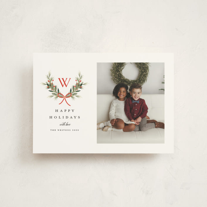 "Monogram Wreath" - Holiday Cards in Cardinal by Melanie Kosuge - Front