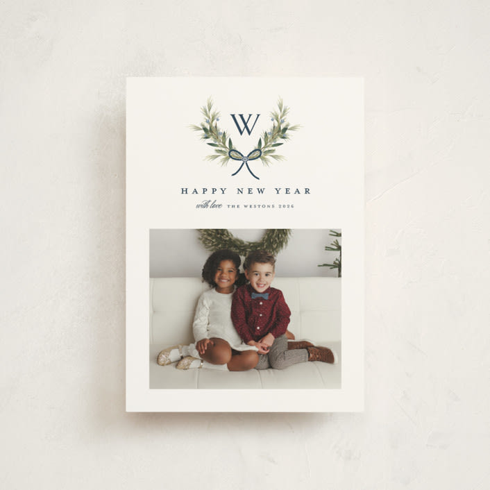 "Monogram Wreath" - Holiday Cards in Midnight by Melanie Kosuge - Front