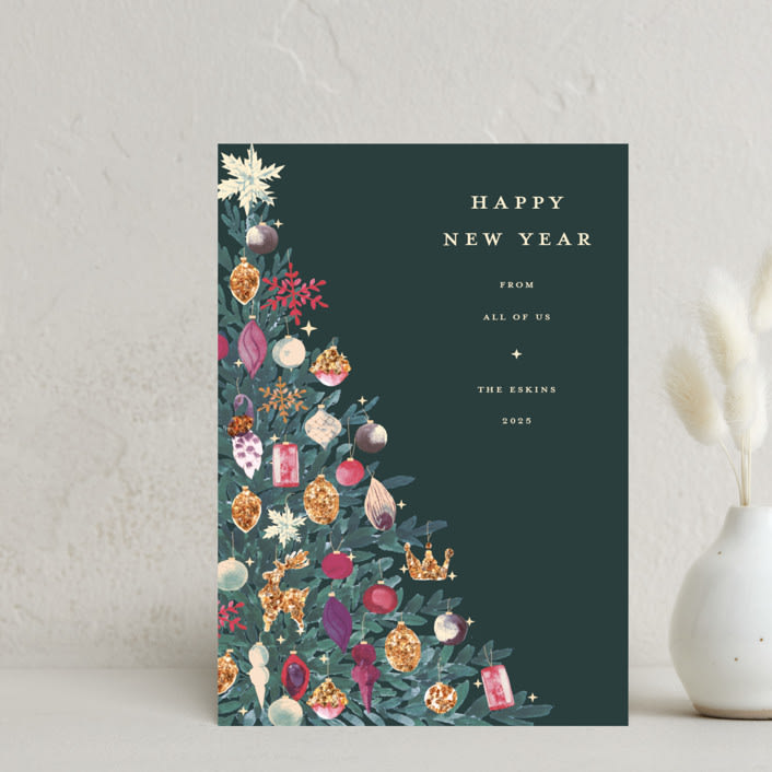 "Ornament Tree" - Holiday Cards in Emerald by Teju Reval - Front