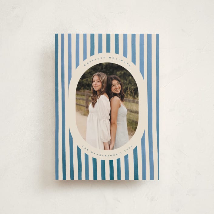 "Vintage Stripes" - Holiday Cards in Blue Jay by Teju Reval - Front