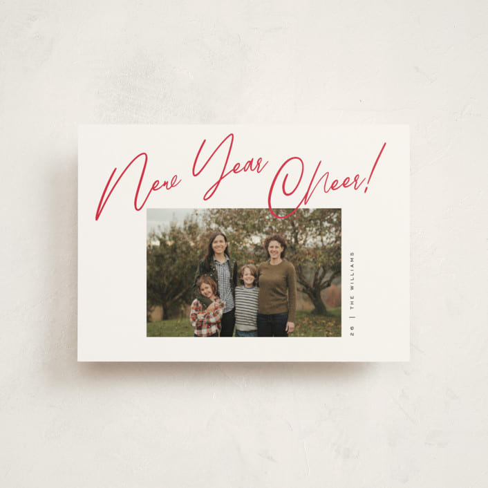 "Joy the the World Scripted" - Holiday Cards in Cranberry by Pixel and Hank - Front