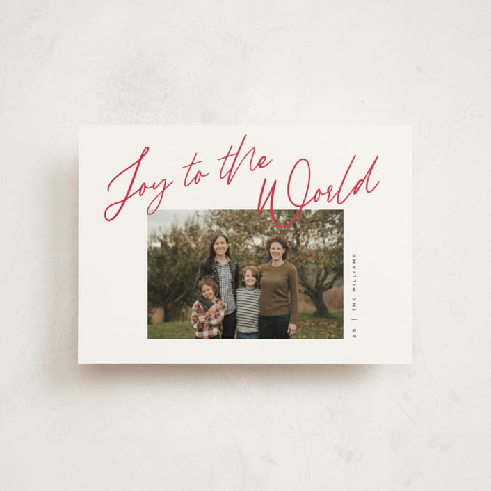 "Joy the the World Scripted" - Holiday Cards in Cranberry by Pixel and Hank - Front