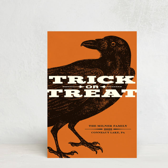 "Trick or Treat Raven" - Halloween Cards in Pumpkin by Alex Elko Design - Front
