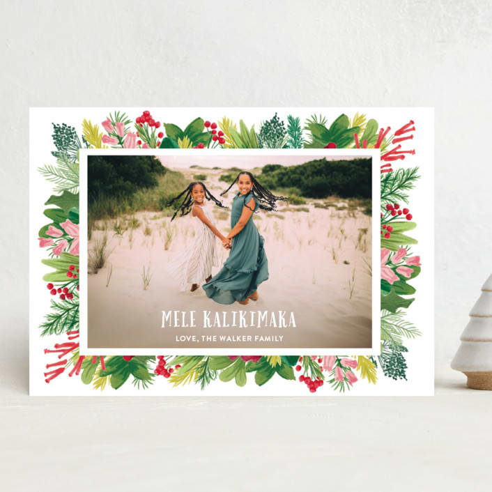 "Tropical Pines Frame" - Holiday Cards in Strawberry Punch by Shiny Penny Studio - Front